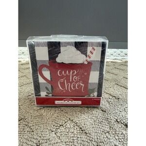 Holiday Time Coasters Christmas Red Pickup Truck‎ & Plaid Cocoa Square Set of 4